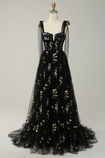 Black A Line Spaghetti Straps Corset Long Ball Dress with Embroidered Floral